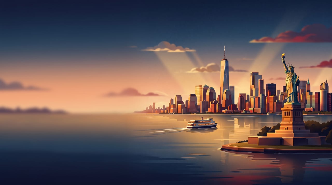 Illustration of the Lower Manhattan skyline and the Statue of Liberty at golden hour, New York, United States